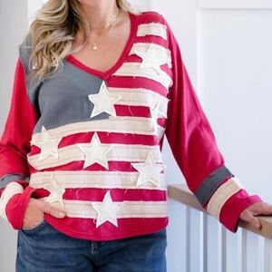 POL American Flag Patchwork V Neck Top NWOT
